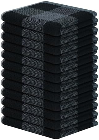 Homaxy 100% Cotton Check 12 Pack Dish Cloths, 12" x 12", Black & Grey