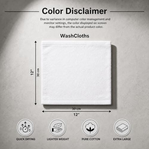 60 Piece Washcloths Set, 12x12 Inches White, Quick Dry Super Soft &