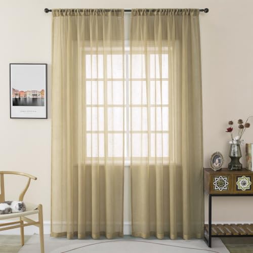 Tan Curtains Sheer 96 Inches Long Thin Textured Transparent Drapes
