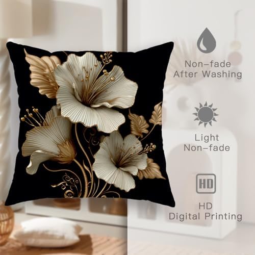 Elegant Floral Pillow Covers Set of 2, Cream and Gold Flower Design