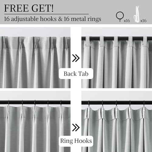 Grey Pinch Pleat Light Filtering Curtains for Living Room 108 Inch