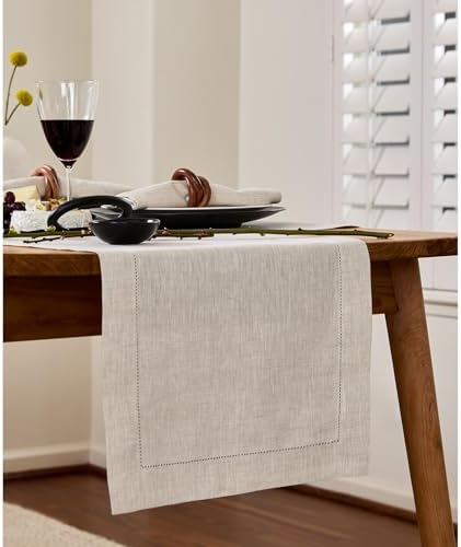 Solino Home 100% Linen Table Runner Natural, Classic Hemstitch