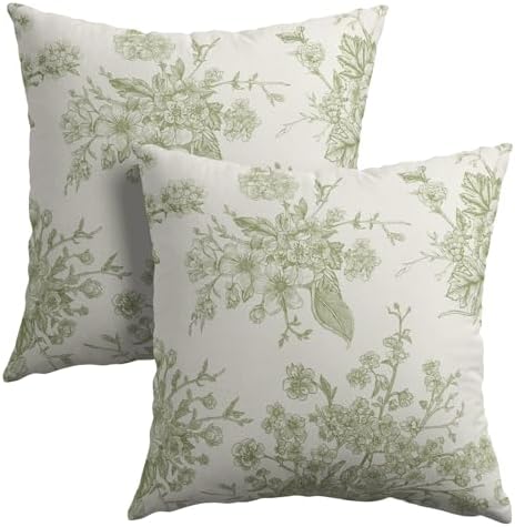 Sage Green Floral Throw Pillow Covers 22x22 Set of 2 Chinoiserie Line