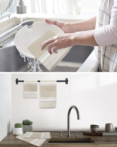 Farmhouse Beige Striped Waffle Kitchen Towel Set of 3 Modern