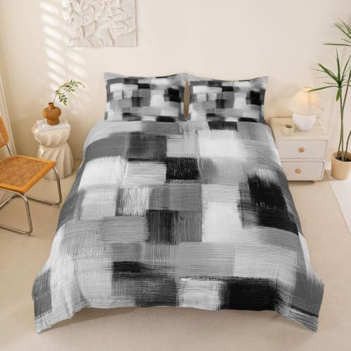 Feelyou Geometric Duvet Cover Queen Size Abstract Gray Plaid Comforter