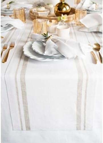 Solino Home 100% Linen Table Runner, 14 x 120 in, Natural and White