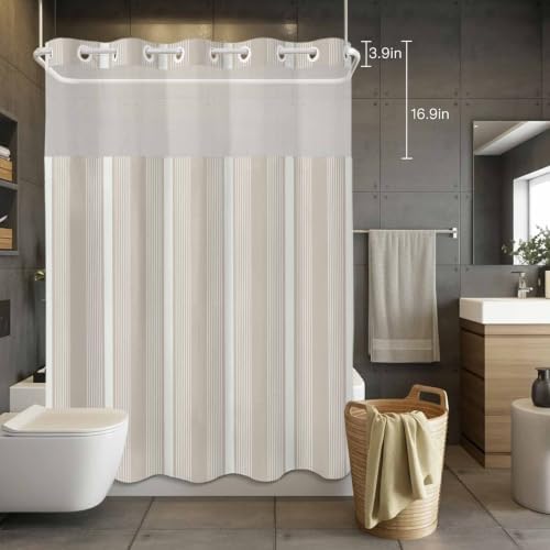 No Hook Gray Brown Striped Shower Curtain with Snap in Liner Set