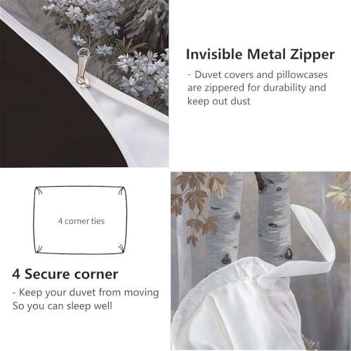 Light Gray Duvet Cover King Size Set - Soft Bedding with Birch Forest