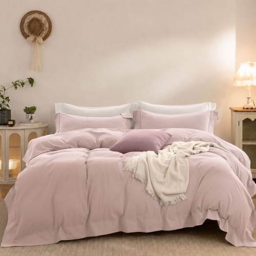 Duvet Cover Set Washed Cotton Embroidered Hem Queen 3‐Pcs