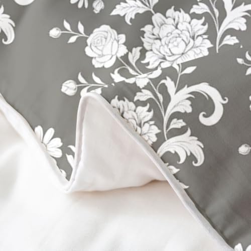 Feelyou Grey Floral Duvet Cover 100% Cotton Queen Size Boys Girls