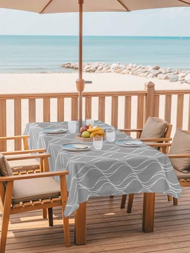 Grey White Stripes Outdoor Rectangle Tablecloth with Umbrella Hole