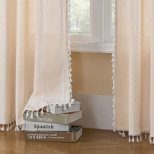 MitoVilla Cream Boho Farmhouse Living Room Curtains 63 Inch Length 2