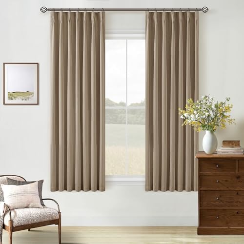 Light Brown 100% Blackout Pinch Pleated Linen 63 Inch Curtains with