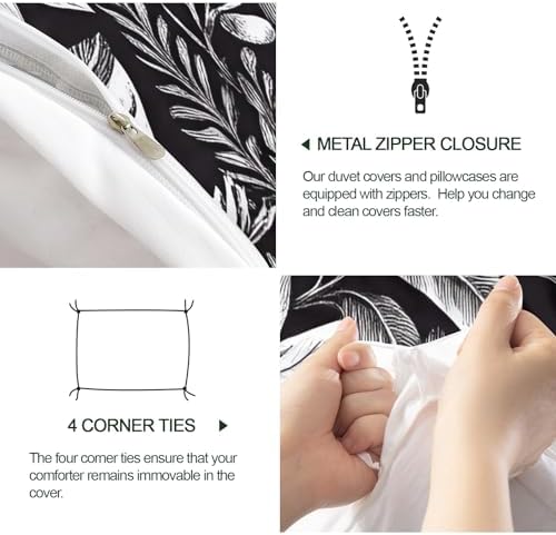 Grey Floral Bedding Duvet Cover, Botanicals Comforter Set with Zipper