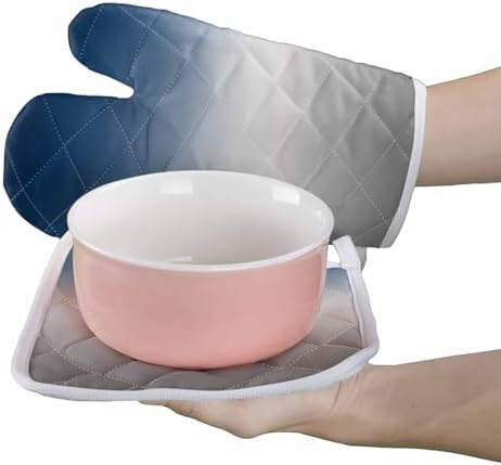 Quilted Cotton Terry Cloth Oven Mitt, Pot Holder Ombre Blue Gray