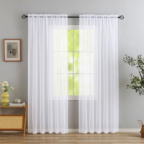 MYSTIC-HOME White Sheer Curtains 108 Inch Length, Elegant Sheer