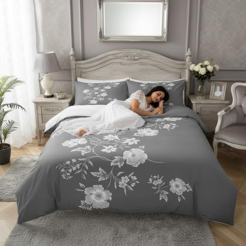 Homewish Kids Gray Floral Duvet Cover Set,Women Botanical Floral