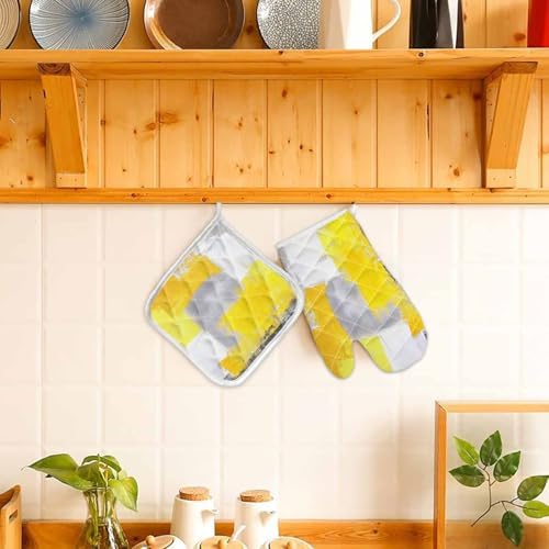Quilted Cotton Terry Cloth Oven Mitt, Pot Holder Yellow Gray White