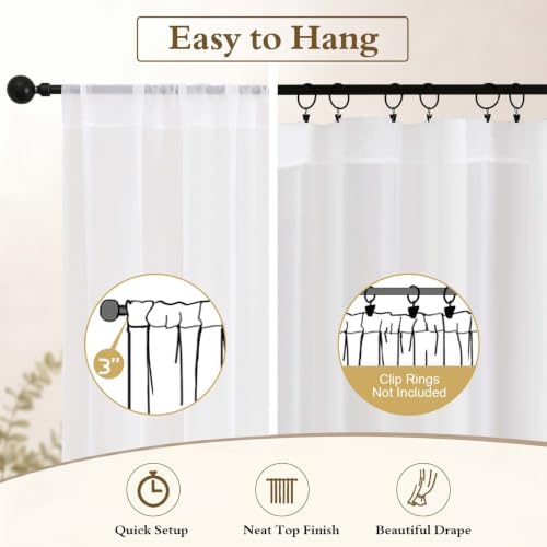 OWENIE White Sheer Curtains 108 Inches Extra Long 52" Width 2 Panels