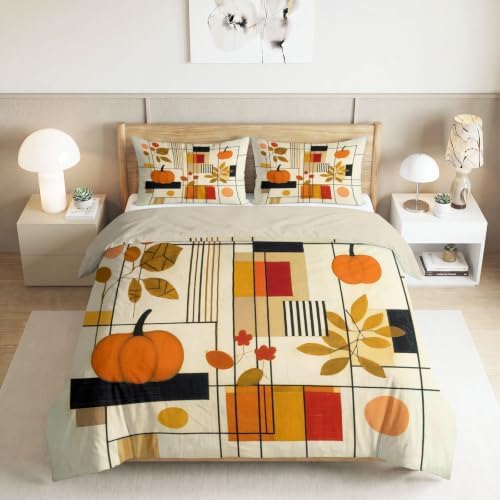 King Duvet Cover Set Geometric Grid Autumn Pumpkin Bedding with