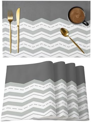 Cotton Linen Placemats for Dining Table Set of 8 Grey Striped Theme