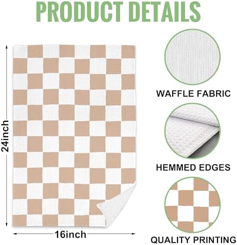 Beige and White Plaid Checkered Hand Towels Set of 2,Waffle Weave Soft