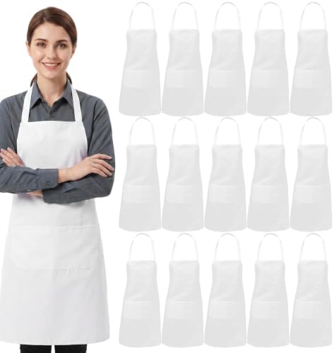 15 Pcs White Aprons with Pockets, Adult Bib Aprons Bulk Machine