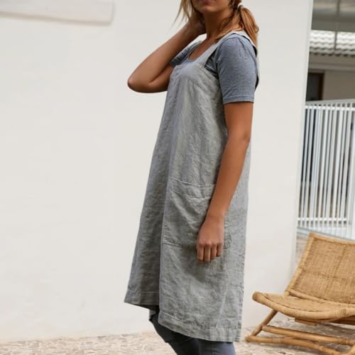 Womens Back Pinafore Apron Dress Square with Pockets Cooking Baking