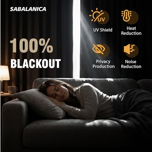 2 Panels 100% Blackout Linen-Textured Thick Grommet Curtains
