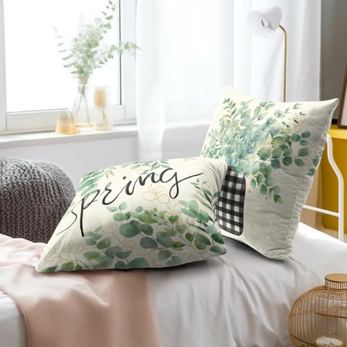 Spring Eucalyptus Leaf Pillowcase Set of 2 Black and White Plaid Decor