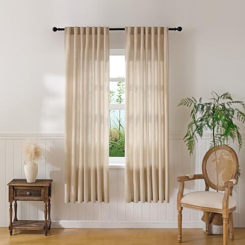 Warm Beige Sheer Linen Curtains for Living Room Bedroom 72 Inches Long