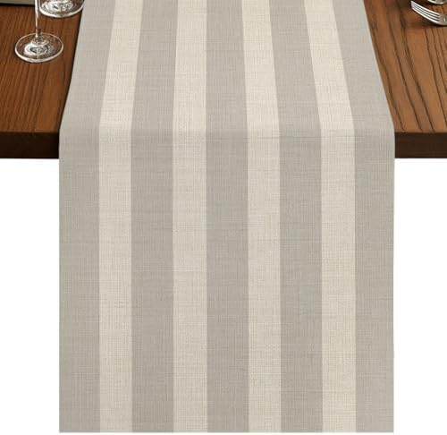 Minimalist Taupe Stripes Table Runner Farmhouse Linen Texture Dresser