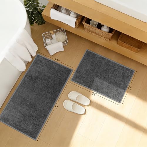 YIHOUSE Dark Gray Bathroom Rugs Sets 2 Piece, Ultra Thin Bath Mat