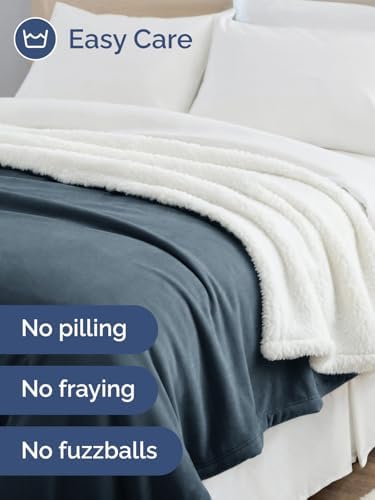 Sherpa Fleece Blanket Throw XL Size - Reversible Blanket - Navy, 50" x
