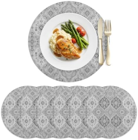 Vintage Gray Flower Texture Leather Placemats Set of 6, 15 Inch