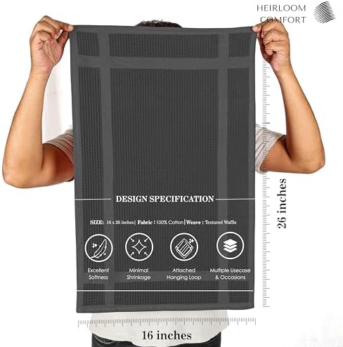 Gray Waffle Kitchen Towels with Hanging Loop, 5 Pack, 100% Cotton