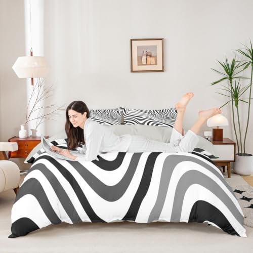 Erosebridal Modern Gray and Black Striped King Duvet Cover for Adults