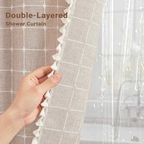 BTTN 3-in-1 Long Boho Linen Fabric Shower Curtain with Liner, 72x84