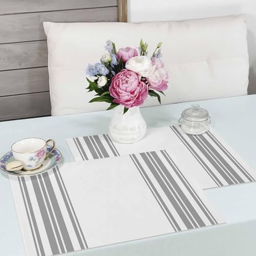 Placemats Set of 8, Grey Lines on White Washable Table Mats for Dining
