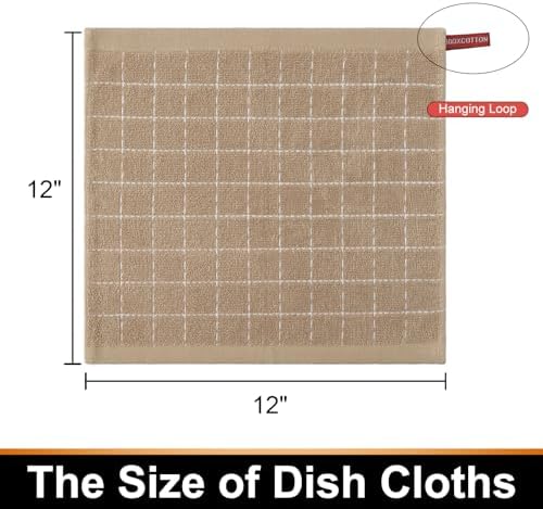 Mordimy Cotton Terry Checkered Dish Cloths, 12"x 12", 6 Pack, Tan