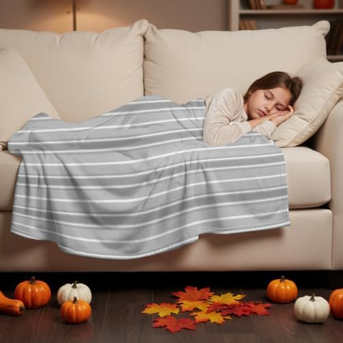 Flannel Fleece Blanket 60" x 80", Grey Stripe Microfiber Cozy Soft