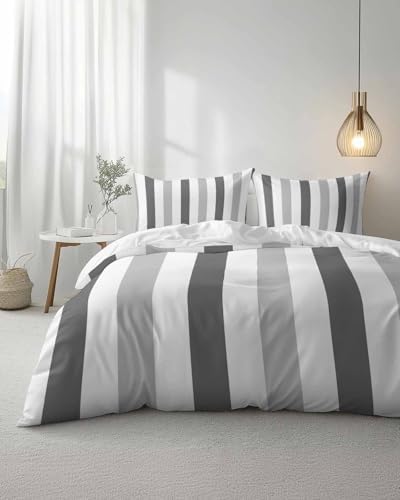 Duvet Cover Set Queen, Minimalist Art Grey Stripes 3 Piece Bedding Set