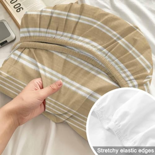 Twin XL Fitted Sheet Deep Pocket, Beige Sand Minimalist Striped Soft