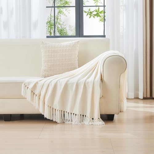 CozeCube Chenille Throw Blanket, Cream White Fringe Blanket, 50"X60"