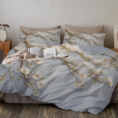 Duvet Cover Set King, 3D Flower and Leaf Relief Brushed Microfiber