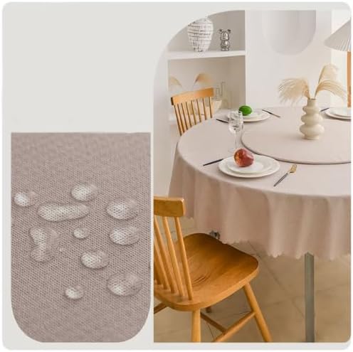 Beydodo Table Cloth Round Cover 94, Light Khaki Linen Look Scalloped