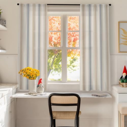 Brown Gray Striped Sheer Curtains 63 Inches Long, Modern Boho Stripes