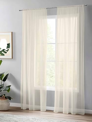 Cream Sheer Curtains 108 Inches Length 2 Panels Set Chiffon Curtain