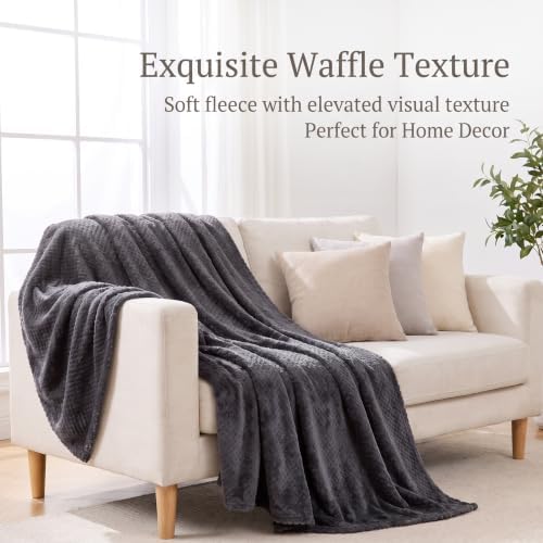 Waffle Textured Fleece Throw Blanket, Dark Grey, Twin 60 x 80 in