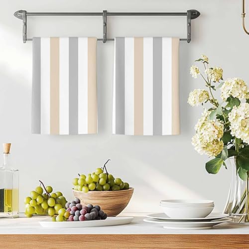 LooPoP Kitchen Towels Set of 3 Beige Grey Striped Dish Towels and